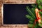 Christmas Fir Tree Branch on Vintage Blackboard with cone and