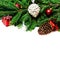 Christmas fir tree brunch with decoration over white ba