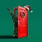 Christmas fir tree enters the red door decorated with lights and Santa hat on green background