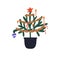 Christmas fir tree in pot. Xmas festive firtree decorated with vintage ornaments, retro baubles, candles, star topper