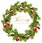 Christmas fir wreath frame Vector. Green fir branches and red eglantine berries. Snowy details realistic 3d cards