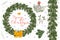 Christmas fir wreath with mistletoe and bow. Beautiful inscription Merry Christmas. Lettering
