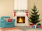 Christmas fireplace with blue chair and tree