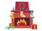 Christmas fireplace. Cartoon New Year celebration hearth with decorated chimney. Doodle home interior with Merry Xmas