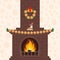 Christmas fireplace in colorful cartoon flat style. Orange garland. Merry Christmas and happy New year.