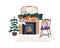 Christmas fireplace decorated with socks, candles for winter holiday. Festive fireside, fire place, fir tree, Xmas