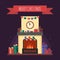 Christmas fireplace with gifts, clock and candle. Colorful festive interior for greeting card in flat style. Xmas home