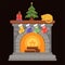 Christmas fireplace of gray bricks with burning candles, a small decorated Christmas tree and a sleeping cat.