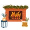 Christmas fireplace. Home fireplaces with socks, stockings, gifts, candles, firs and Xmas decoration. Warm cozy hearths with