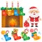 Christmas fireplace with ornaments. Santa Claus. Socks, Christmas boots with gifts, toys and sweets. Christmas. New year.