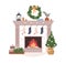 Christmas fireplace with Xmas decoration. Home hearth, winter fireside with fire, stockings, wreath, holiday tree and