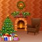 Christmas fireplace with xmas tree, presents, and sofa