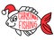 Christmas fish in Santa red hat. Vector winter fishing symbol hand drawn illustration with holiday text isolated on white.