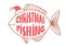 Christmas fishing card background with text and fish in Santa hat. Vintage winter image