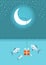 Christmas fishing card with moon in Holiday night. Vector Winter illustration background with Christmas text