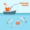 Christmas fishing card. Santa Claus fishing in his boat. Vector Winter holiday illustration background with Christmas  text
