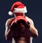 Christmas fitness boxer wearing santa hat boxing