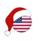 Christmas flag of USA in circle shape. Isolated American banner with Santa Claus hat.