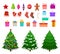 Christmas flat elements. Santa hat, gift boxes and xmas socks. Christmas trees with toys and gingerbread isolated flat