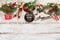 Christmas flat lay background on white wooden board