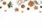 Christmas floral frame, web banner. Garland of juniperus, cypress branches, pine cones, gift boxes, wooden stars and dry