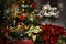Christmas Flowers,Poinsettia plant,Snow Merry Christmas text,illuminated tree background