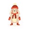 Christmas fluffy white standing rabbit in a red hat, mittens and felt boots. Vector illustration on white isolated