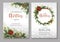 Christmas flyers or party invitation template with pine tree branches and cones, holly berries, poinsettia. Vector colorful