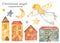 Christmas flying girl angel with trumpet watercolor clipart, houses, crescent, stars