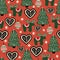 Christmas folk art seamless pattern. Repeating background with Nordic ornaments, trees, reindeer, hearts. Scandinavian