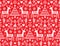 Christmas folk art vector seamless pattern with reindeer, flowers, Xmas tree and winter clothes design in white on red backgrou