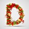 Christmas font. Letter D of Christmas tree branches, decorated w