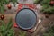 Christmas food border with black plate, evegreen branches, and red decor on wooden board. Space for text. Top view