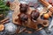 Christmas food. Chocolate muffins on wooden board