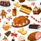 Christmas food pattern. Seamless print of traditional turkey and desserts, happy holiday meal with champagne and cake