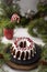 Christmas food. Round pie with white icing. Cupcake with a hole in the middle with pomegranate. Spruce branches on the