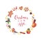 Christmas food wreath, holiday elements - robin, candy cane, ginger coockies, mistletoe, winter spices - cinnamon, anise