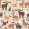 Christmas forest animals seamless pattern in Santa hats. Cartoon isolated vector fox wolf bear cub, elk, deer, fallow deer,