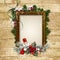 Christmas frame with the decor and the Nutcracker on a wooden ba