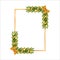 Christmas frame with green pine leaves, starlights, golden ribbon. Xmas golden frame snowflakes. Merry Christmas decoration