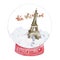 Christmas France glass ball. Eiffel tower in a glass ball, reindeer team with santa claus is flying. Made in watercolor