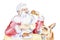 Christmas France Pere Noel. Franciscan Santa Claus eats a croissant and does not share with the donkey. Made in watercolor