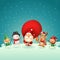 Christmas Friends Elves Santa Snowman and Reindeer celebrate holidays - jumping singing dancing on winter night scene - vector ill