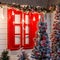 Christmas front door of a country house background. Decorated wi
