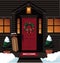 Christmas front door with sleigh wreath and trees