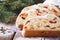 Christmas fruit bread Stollen close-up, horizontal, rustic style