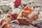 Christmas fruit traditional loaf or cake with ingredients and christmas decoration on wooden table