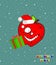 Christmas fruits apple in Santa hat and present. Illustration fanny fruits design. Consept Christmas food decore. Healthy food con