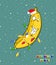 Christmas fruits with banana in Santa hat. Illustration fanny fruits design. Consept Christmas food decore. Healthy food concept.