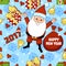 Christmas funny cartoon pattern with Santa Claus, a gift, a bell, snowflake